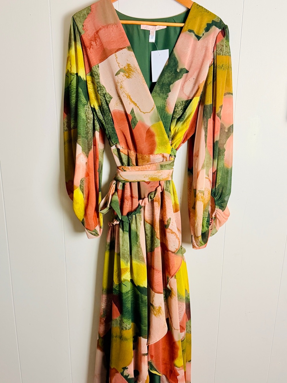 Anthropologie Hutch Abstract Watercolor Wrap Maxi Dress - Green, Peach, Yellow